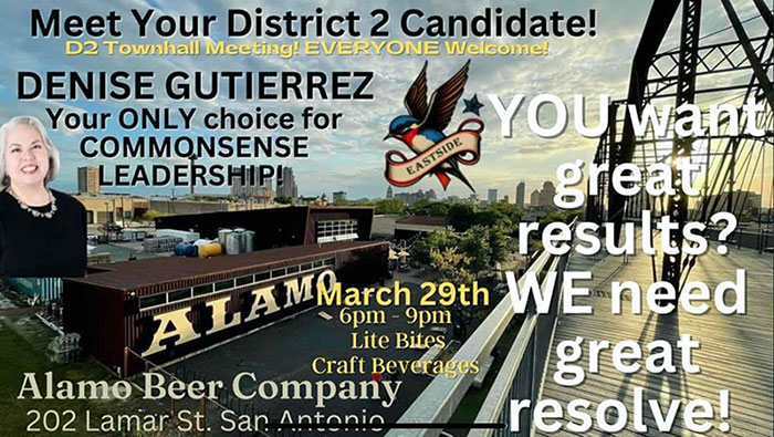 Come meet Denise Gutierrez for City Council District 2. Everyone is welcome! We will have small bites and craft beverages. Denise Gutierrez is your ONLY choice for common sense leadership.